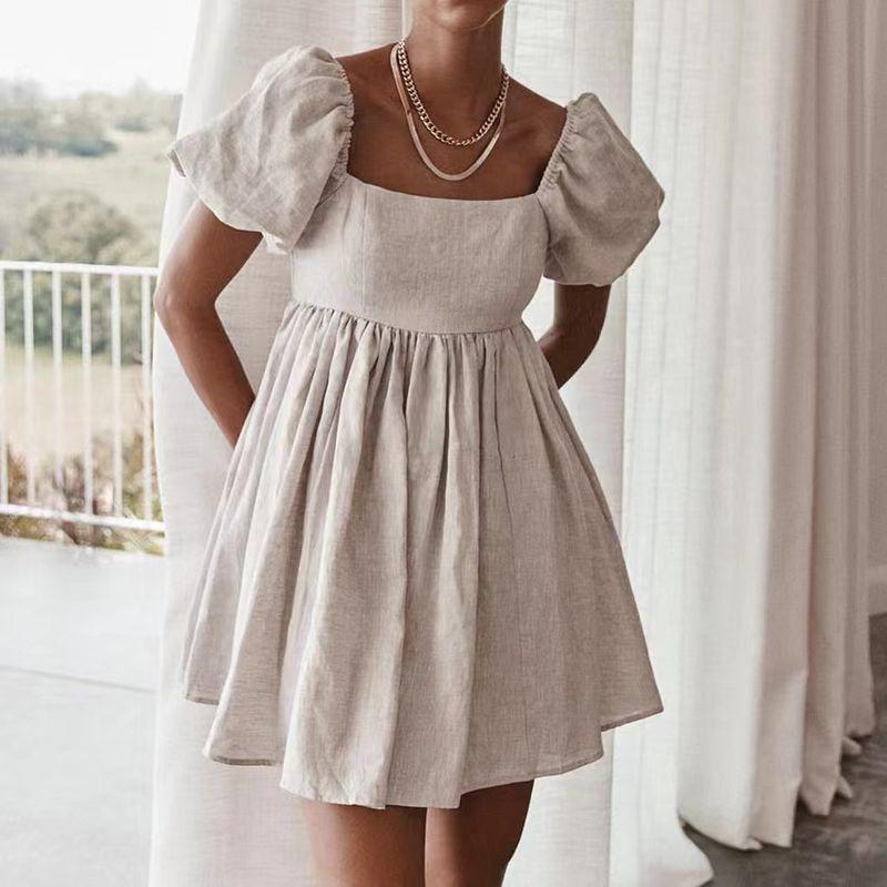 European and American New Sexy Square Collar Puff sleeve Dress Square Neck Bubble Sleeved Dress