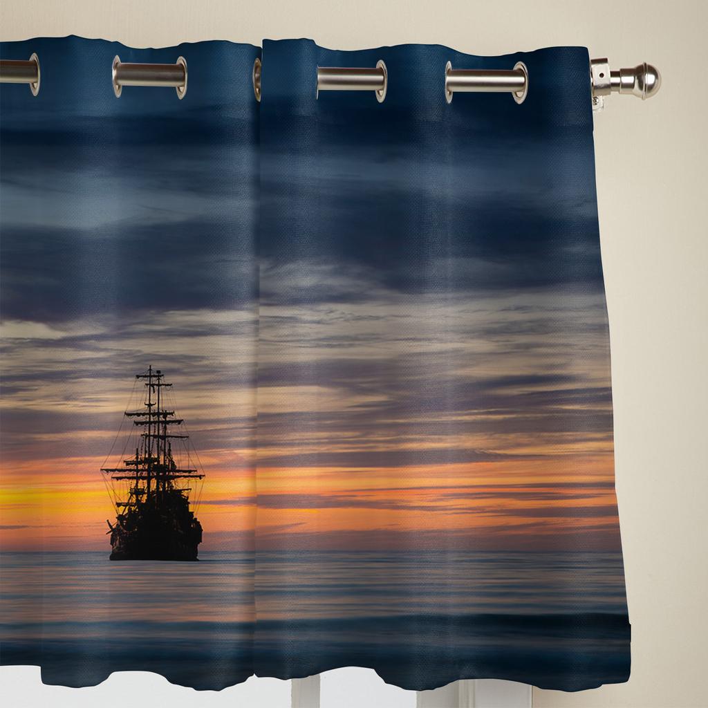 Sunset Sea Black Ship Window Curtain Modern European Style Curtains for Bedroom Living Room Backdrop Curtain