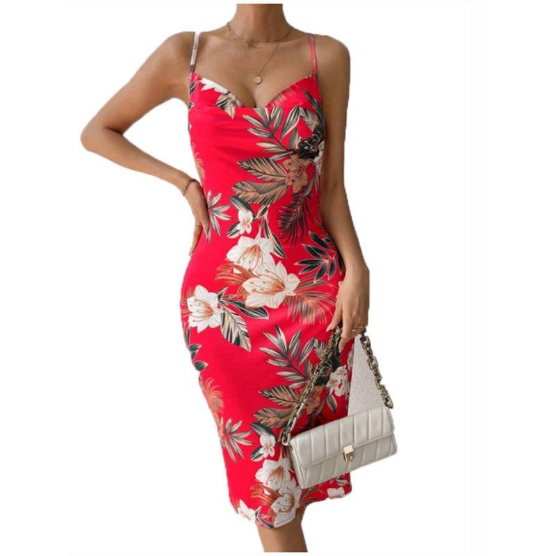 Western Style Summer New Sexy Sexy Sling Backless Lace-up Slim fit Slimming Big Flower Pattern Sleeveless Dress