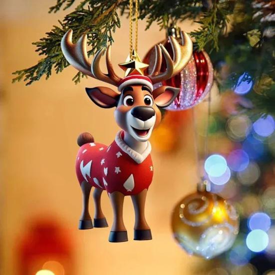 Yousheng 6 Pcs Christmas Reindeer Ornament Cute Cartoon Elk Acrylic Hanging Decoration with Santa Hat 2D Flat Animal Pendant for Car Interior Home