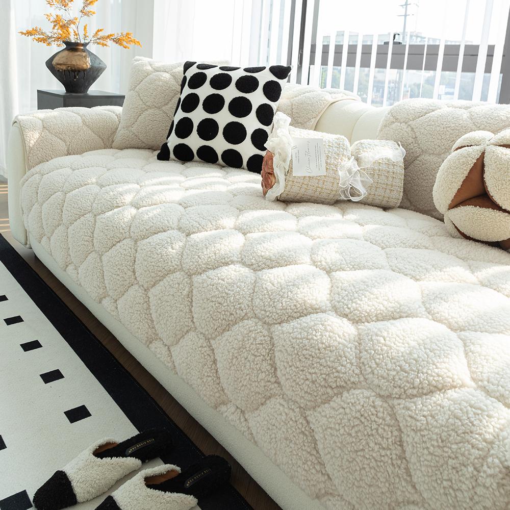 Winter Plush Sofa Cushion Grid Pattern Batted Sofa Pad Non-Slip Home Protection Sofa Cover for Living Room, Office