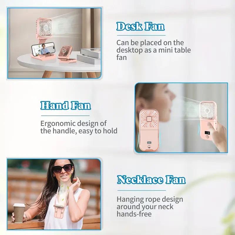 Mini Folding Fan, USB Charging Portable Neck Hanging Fan, Small Fan with Phone Holder, Suitable for Outdoor and Office Use