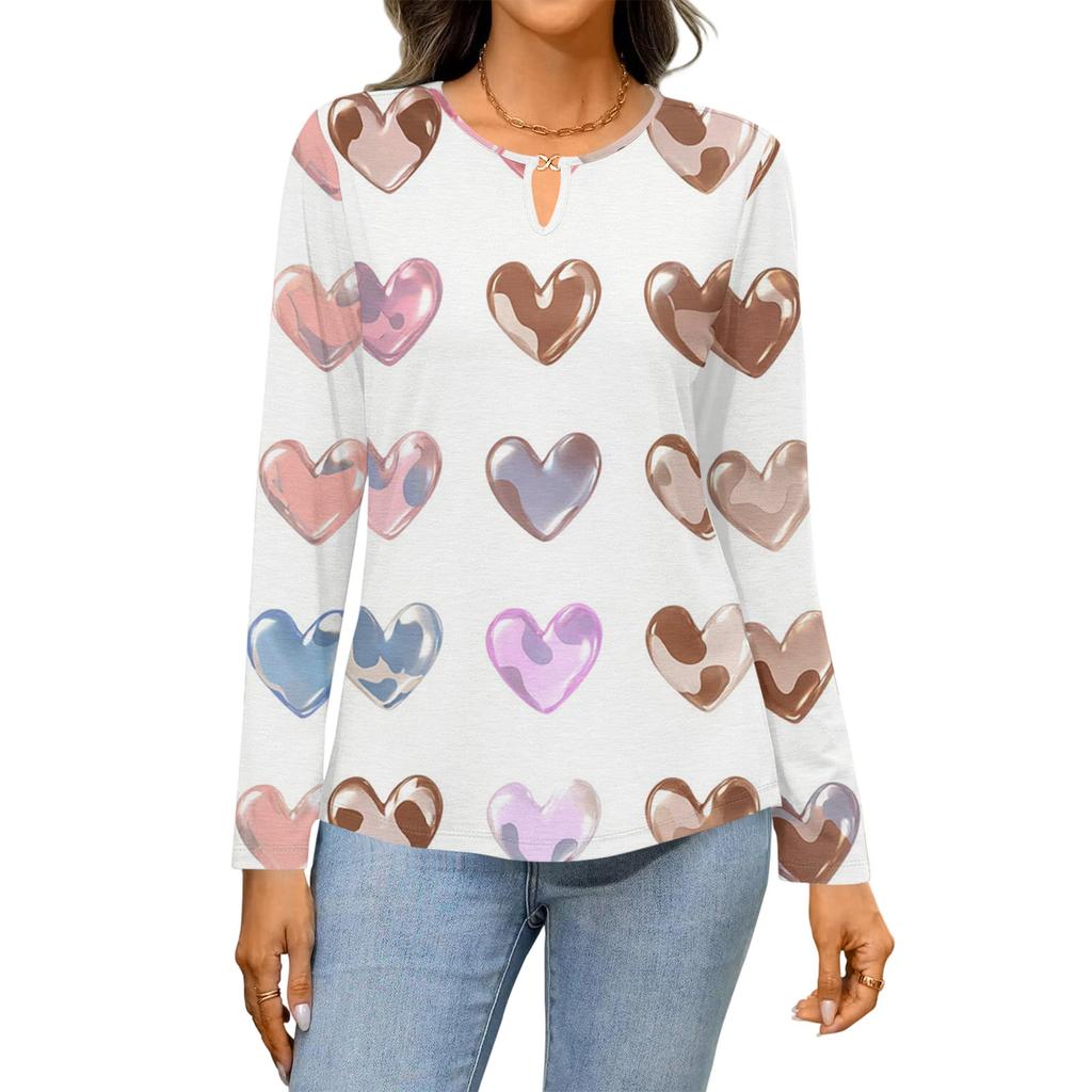 Women's Casual Round Neck Hollow,out Pullover Long Sleeve Valentine's Day Heart Print T,shirt Top