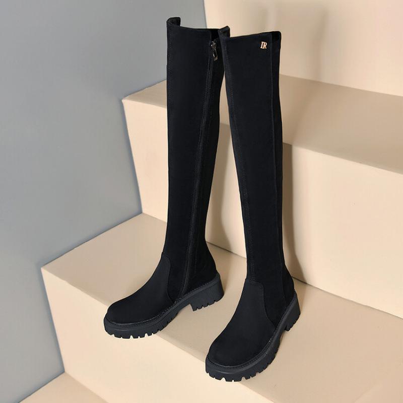 Neue europäische und amerikanische kniehohe Stiefel mit dicker Sohle und rutschfester Gummisohle für Damen in Übergröße, Herbst und Winter, runde Spitze, mittelhoher Absatz