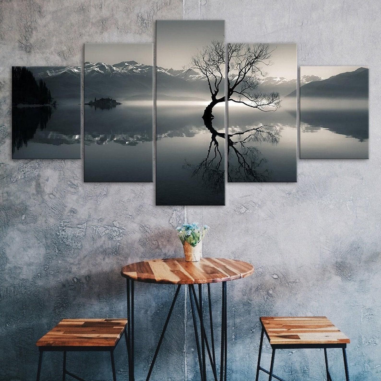 

Lonely Tree Silhouette Lake Mountain View 5 Piece Canvas Wall Art Multi Panel Print Modern Poster Home Decor Picture Gift For Him For Her 20X35 20X45 20X55CM
