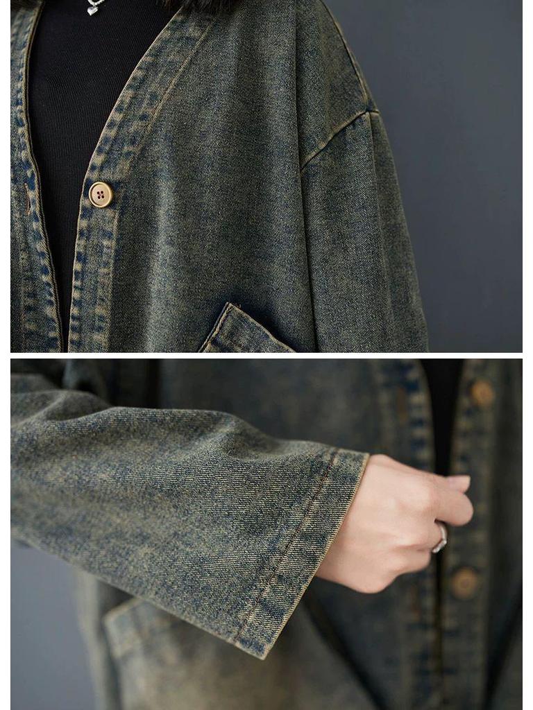 Plus Size V-neck Versatile Casual Long Sleeve Distressed Denim Jacket