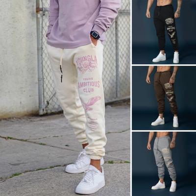 Men Sport Pants Drawstring Elastic Waist with Pockets Printing Joggers Loose Ankle-banded