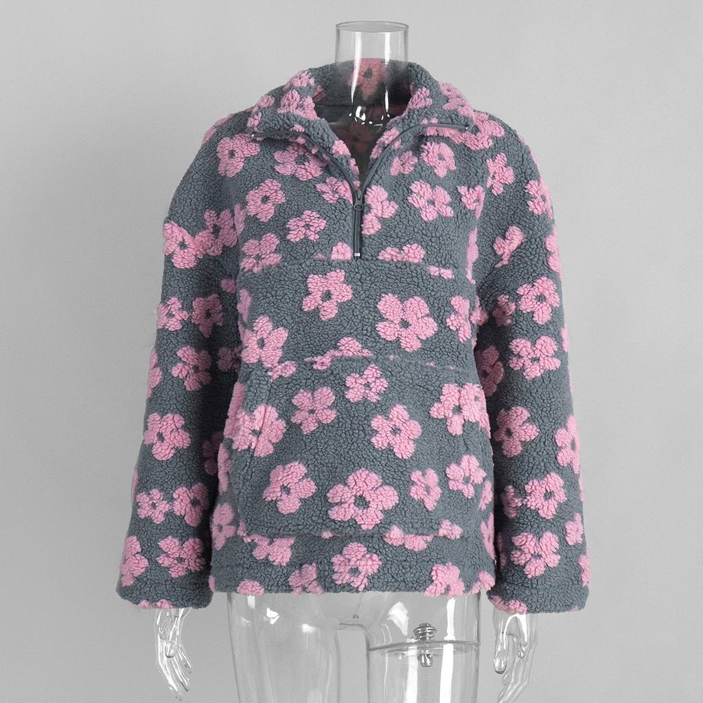 Fleece Floral Sweatshirt 2026 Fall Winter New Fashion Warm Fuzzy Pullover Crew Neck Long Sleeve Casual Top for Women
