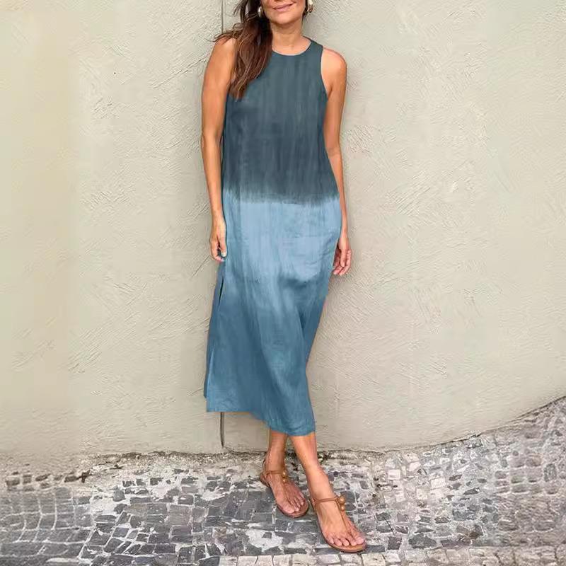 Women's Summer Casual Cotton Linen Sleeveless Slit Gradient Dress