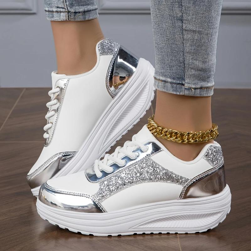 Women'S Pure Color Sequins Sneaker Lace-Up Platform Sequined Decorative Walking Rock Shoes High Top Sneakers Sneaker