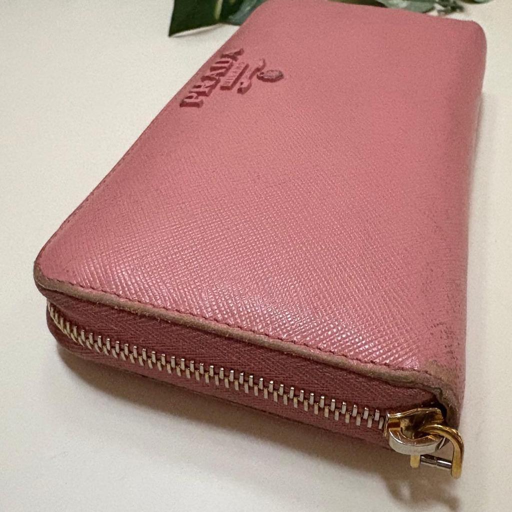 Used Prada Round Zipper Long Wallet Saffiano Logo Large Capacity Pink