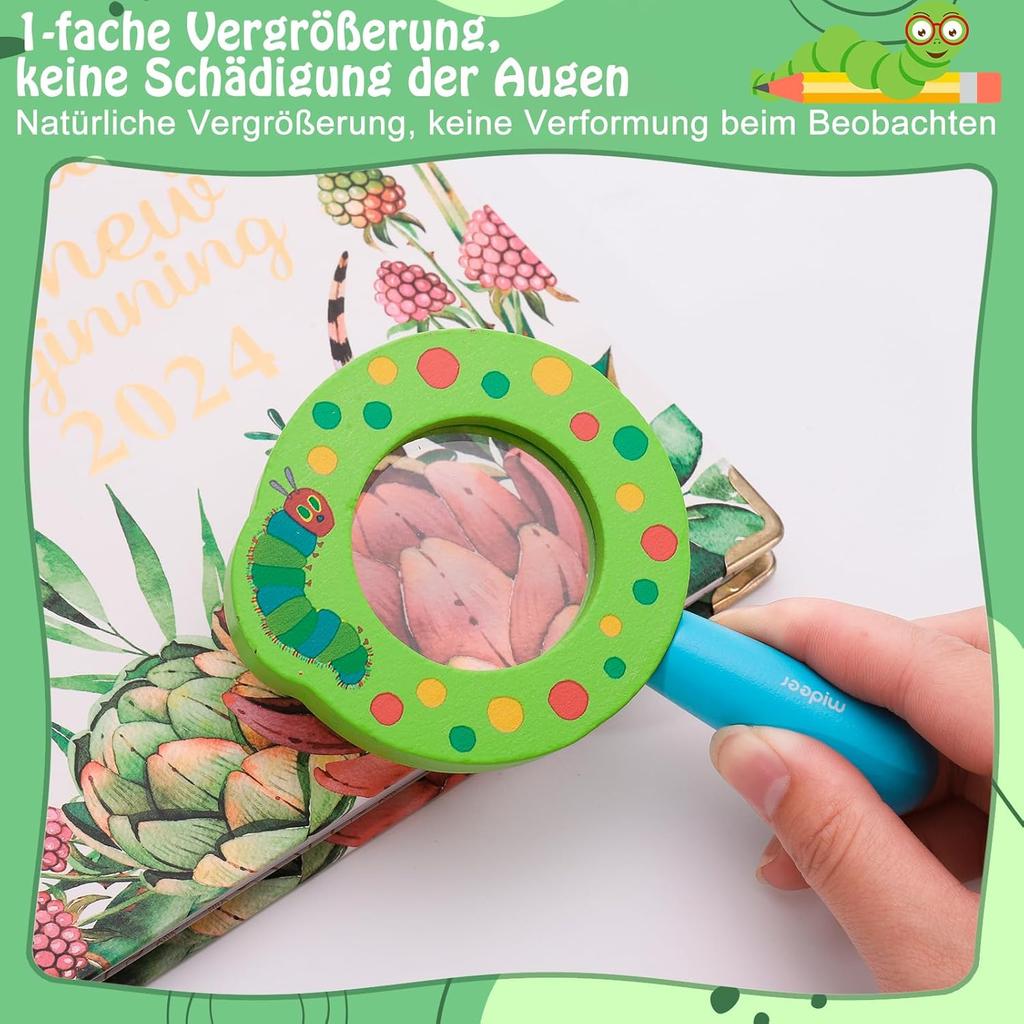 Kaisibum Children's Magnifying Glass Outdoor Wooden Magnifier Children's Cartoon Caterpillar Hand Magnifier for Home School Outdoor Garden Tool