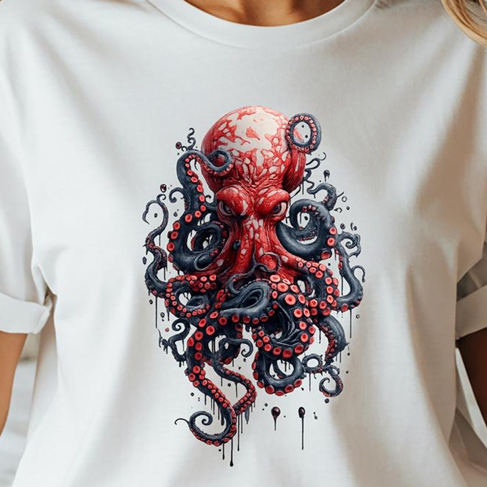 Red Octopus Graphic T-Shirt, Dark Gothic Kraken Tee, Tattoo Art S