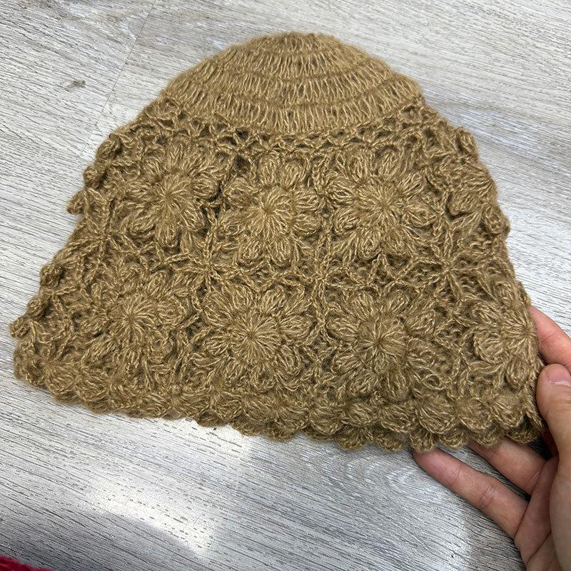 Handmade flower bag head hat female face small literary versatile pile hat winter cold warm knitted wool hat