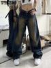 WTEMPO Streetwear Style Blue Straight Vintage High Waist Jeans Pants American Retro Style Women Wide Leg Baggy Y2K Denim Trouser