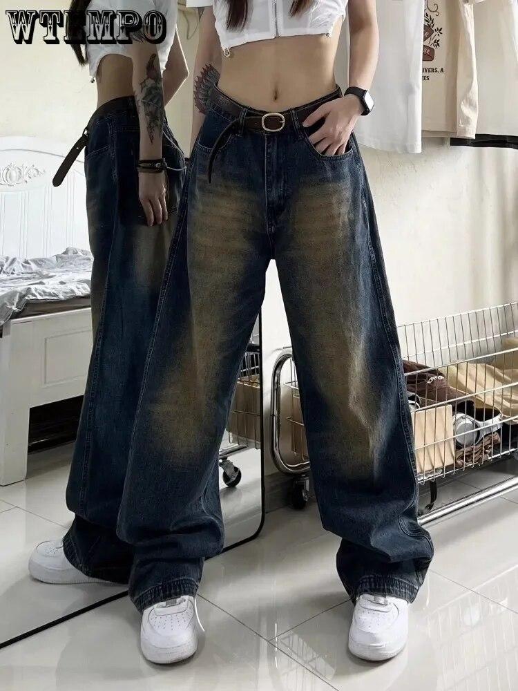 WTEMPO Streetwear Style Blue Straight Vintage High Waist Jeans Pants American Retro Style Women Wide Leg Baggy Y2K Denim Trouser