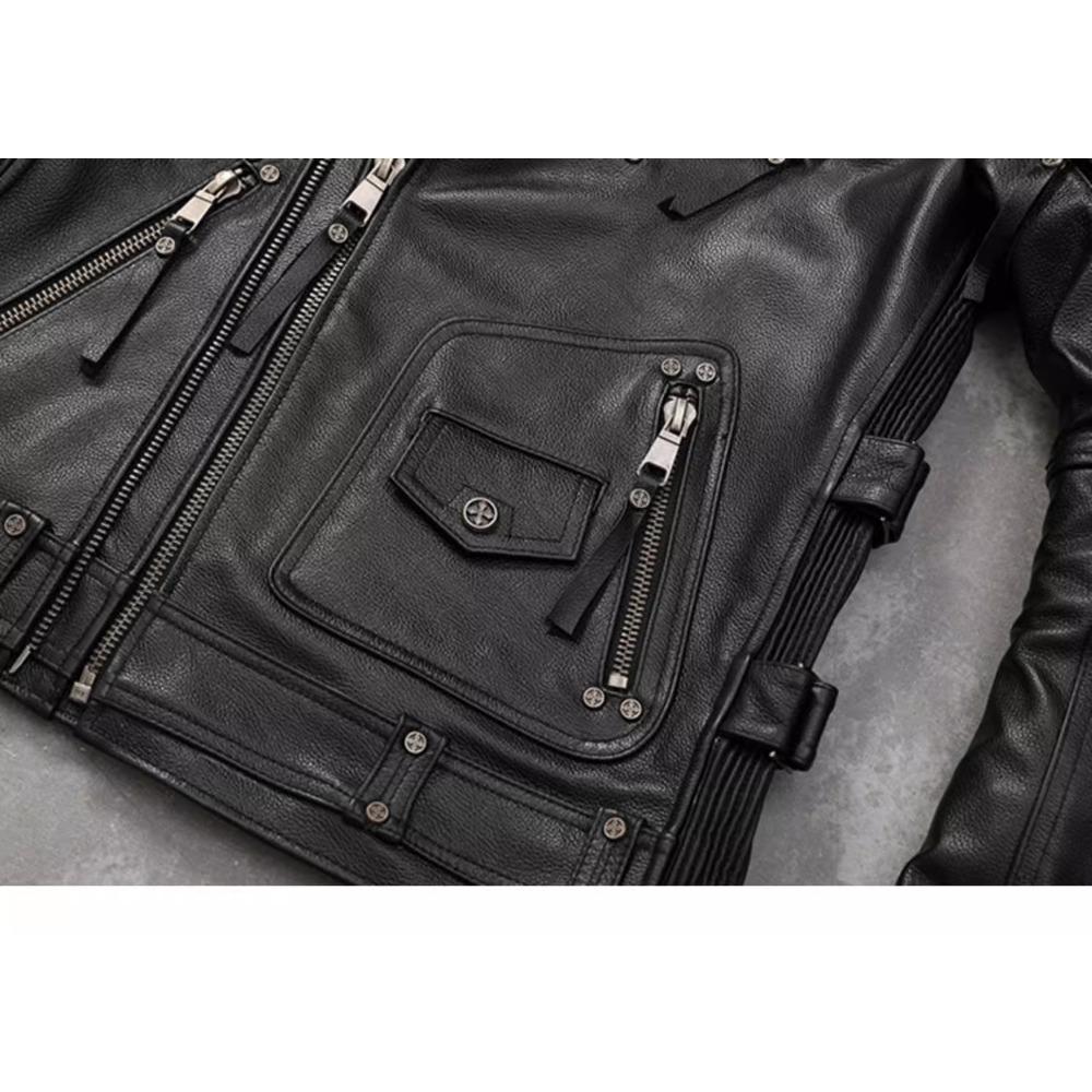 Chinese Size Motorcycle Cowhide Genuine Leather Jacket Men Slim Stone Milled Retro Jacket Calfskin Coat Men Moto Biker Riding Clothes