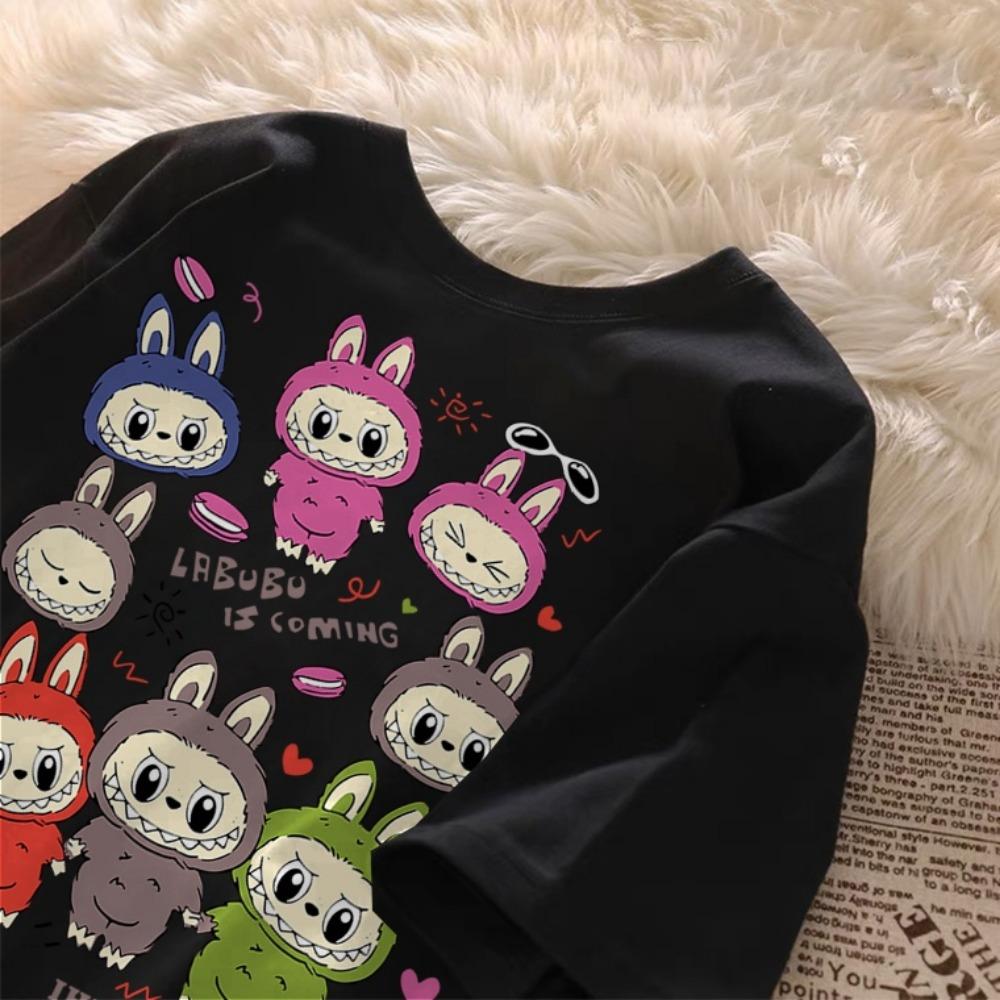 Children's LABUBU Printed T-shirt Korean Style Fashionable and Popular Girl Round Neck Short Sleeved Casual and Comfortable Top