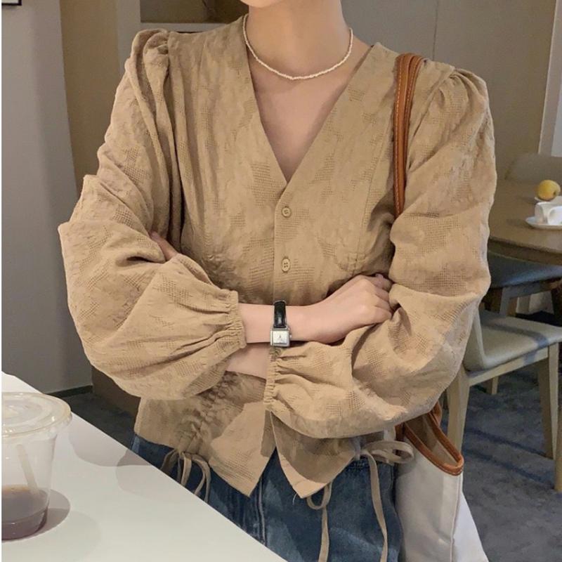 Fashion A-Line Women Blouse V-Neck Drawstring Waist Long Sleeve Shirt Lady Elegant Spring Tops