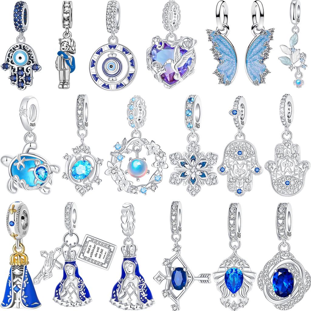 Derniers Charms Bleus en Cuivre Artisanal Original Cœur de Paume de la Sainte Vierge Motif Chat Charms Pendentifs Adaptés Bracelet Collier Bijoux Faits Main Cadeau
