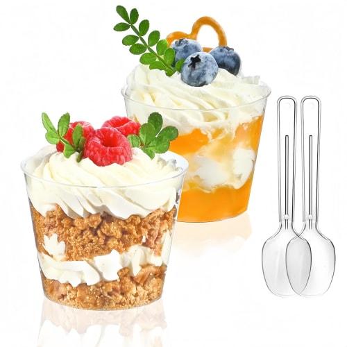

BDHD 100 Disposable Plastic Cups, 200ml, Clear, with Spoons, for Party Use, Mousse, Yogurt, Pudding, Sundaes, Wine, and Cocktails (Round Cups (without