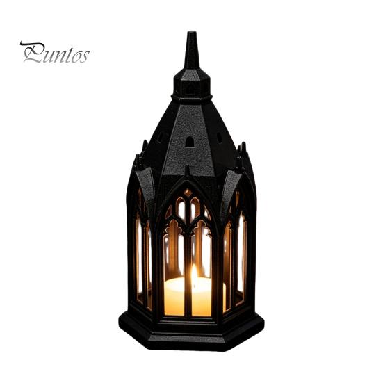 Veelzijdige Plankenstandbeeld Gotische Kathedraal LED Kaarslantaarn, Kerkvormige Vlamloze Theelichtlamp, Feestdecoratie Spookachtige Vintage Bureau Nachtlamp