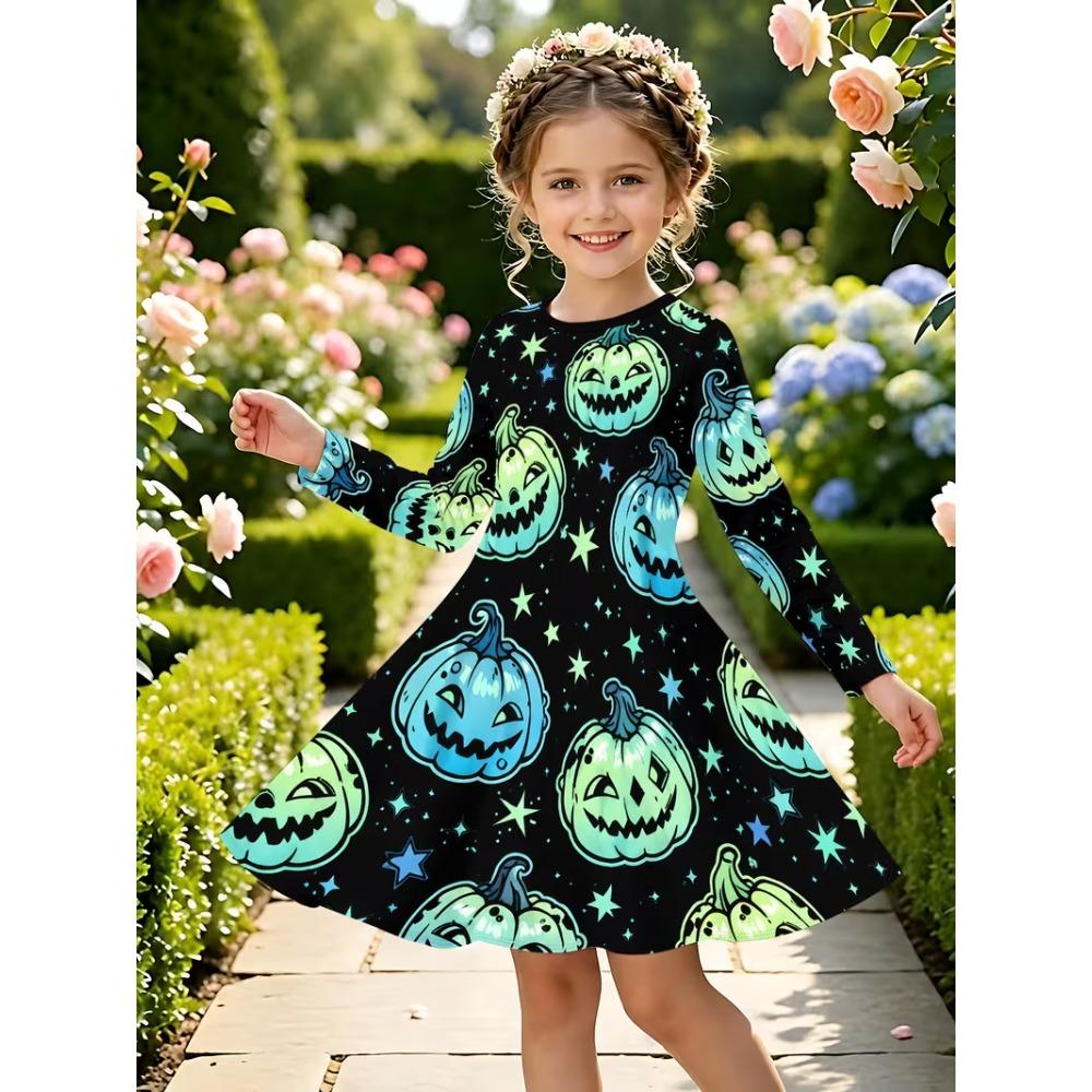 Girls' 3D Galaxy Pumpkin Dress Long Sleeve Summer Spring Vacation Daily Holiday Princess Beautiful Sweet Kids 4-12 Years Casual Dress A Line Dress