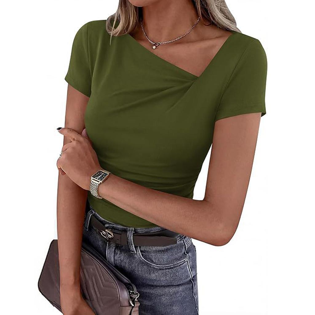 Women's Short-sleeved Asymmetric Collar Pleated Decorative Fitted Blouse Casual T-shirt Top
