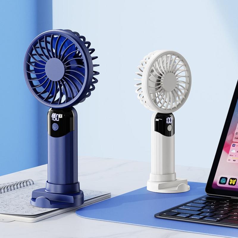 New Portable Handheld Fan with LED Digital Display 6 Speed Adjustable Small Cooling Fan Base Can Be Used As Mobile Phone Stand