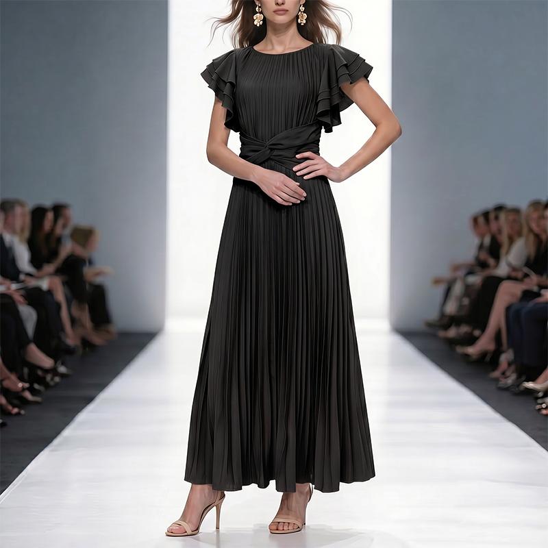 ZANZEA Women Casual Round Neck Ruffles Short Sleeve Loose Pleated Long Dress
