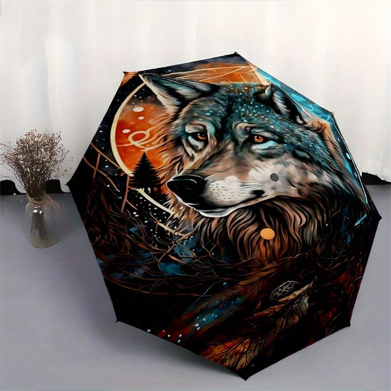 1 Stück Natur Geisttier Wolfsmuster Schön Aussehend Automatischer Faltregenschirm, 3-fach faltbar, 8 Speichen Eisenrahmen-Design, Langlebig und Geeignet für Tr