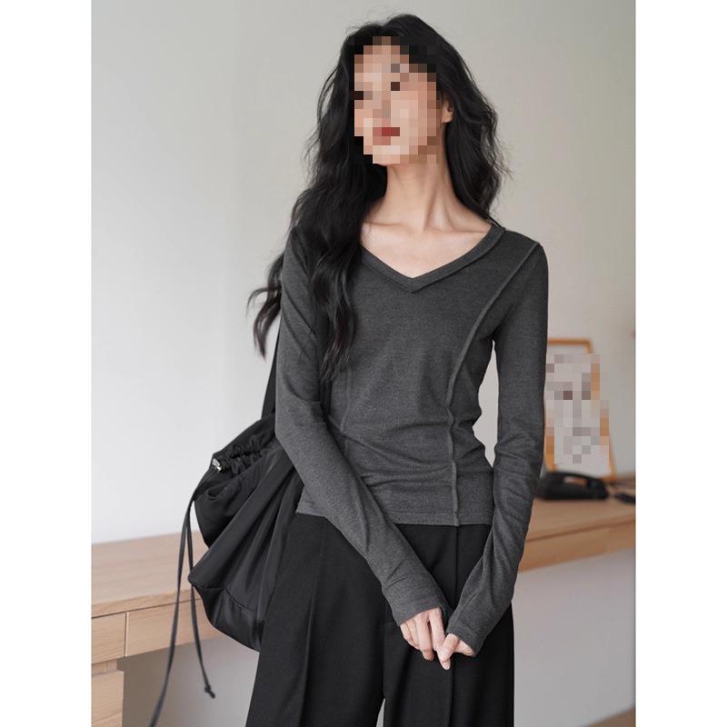 Women's Gray Drop-Shoulder Slim-Fit Fishbone Long-Sleeve Tee, New Autumn Design