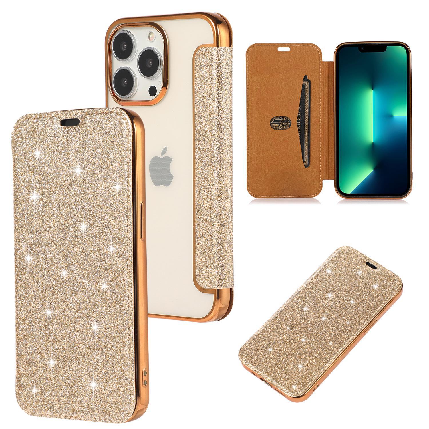 

Чехол из блестящей кожи для iPhone 14 — прозрачный держатель для карт из ТПУ с гальваническим покрытием, модная и комплексная защита. iPhone 14 Pro золотой