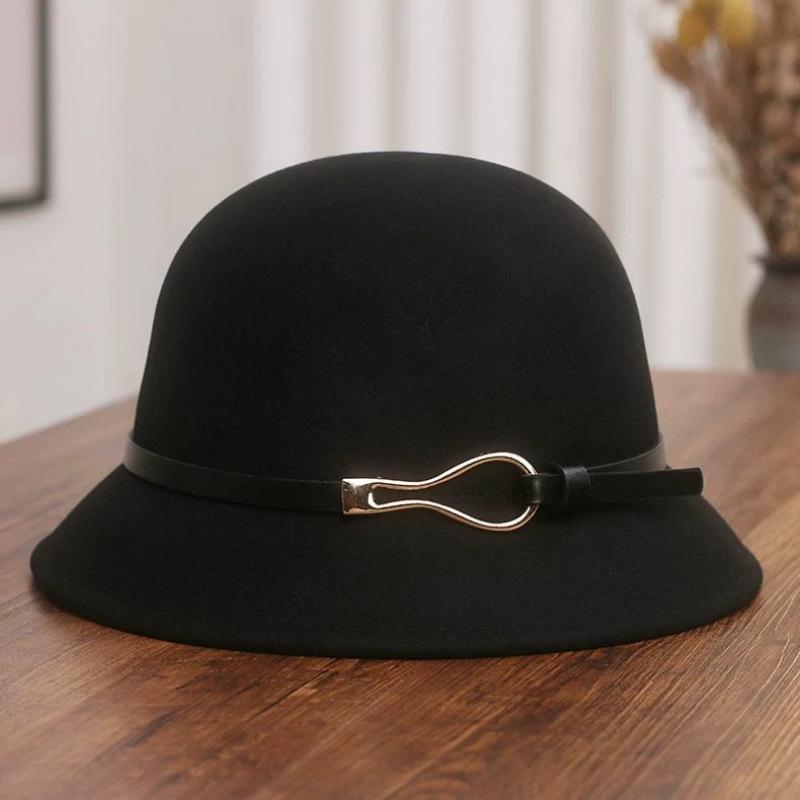 Belt buckle wool top hat female autumn and winter Hepburn style extravagant face small bucket hat dome retro versatile basin hat
