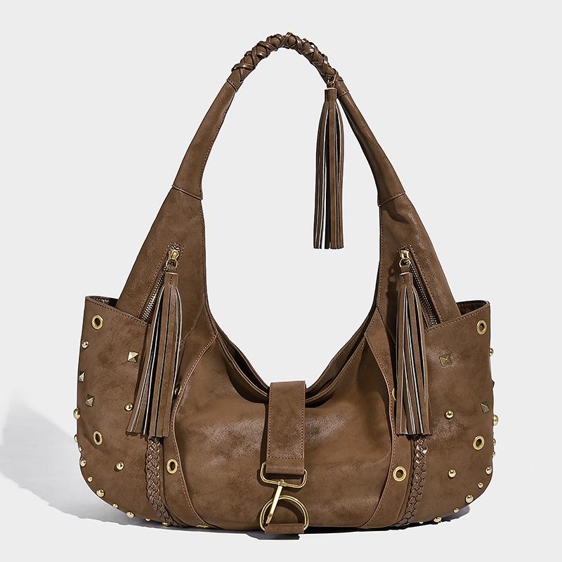 

2025 Fall/Winter New Fashion Single-Shoulder Underarm Bag, Niche High-End Motorcycle Style Large Capacity Handheld Tote Bag for Women 40*10*23CM коричневий