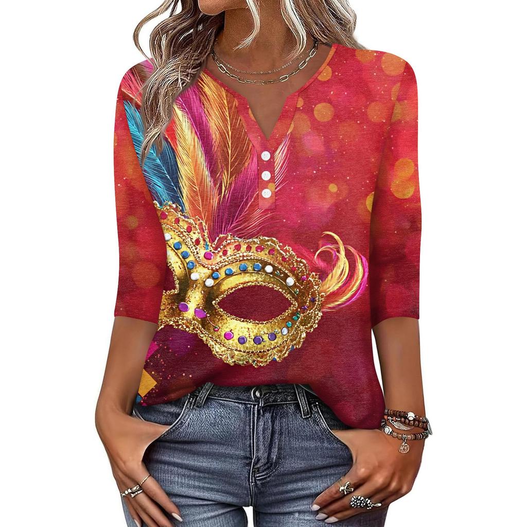 Dámské tričko s potiskem, knoflíky, 3/4 rukávy, pro každý den, na víkend, módní, základní, s výstřihem do V, běžný top