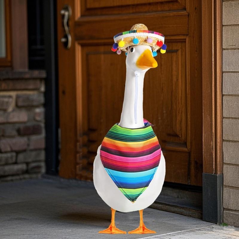 23Inch Mexico Decorative Geese Outfit With Natural Straw Sombrero and Bandana Set For Patios Garden Geese Statue Decors