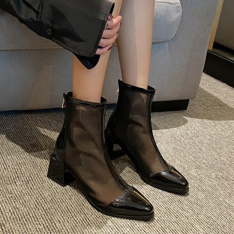 Women's high-heeled net boots spring and summer new thick-heeled large-size splicing cool boots