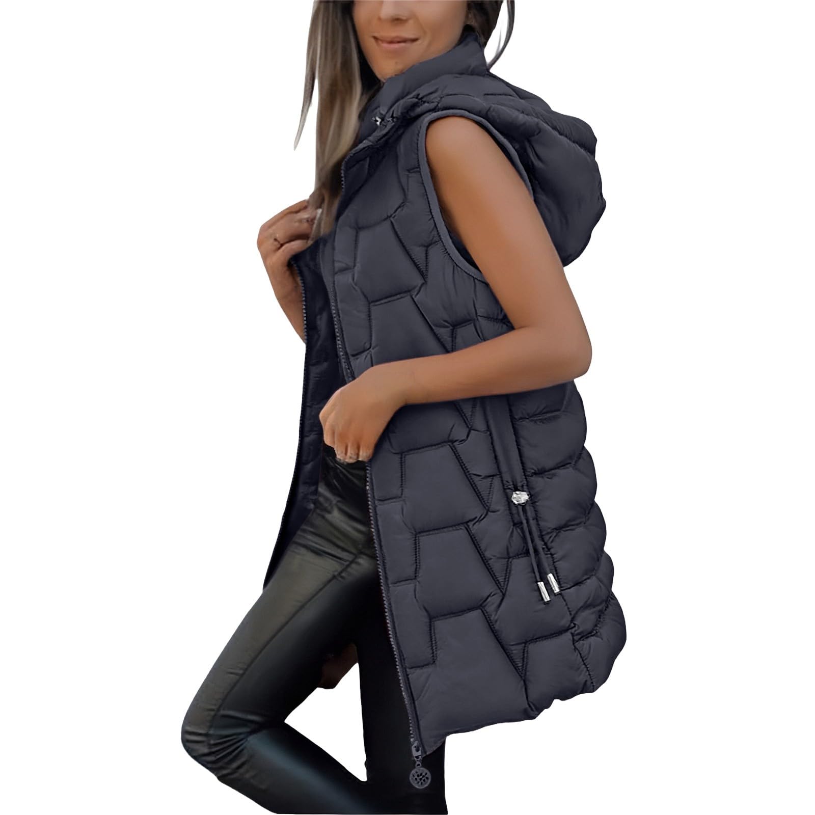 

Womens Long Vest Sleeveless Quilted Hoodies Zip Up Puffy Down Vest Outerwear Winter Coats With Pockets L чёрный