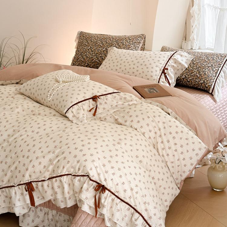 Cotton Bedding Four-piece Set Bow Lace Edge Skin-friendly Breathable Bed Sheet Quilt Cover Pillowcase Kit