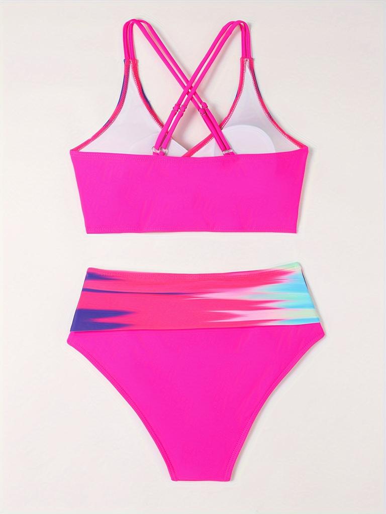 2 Piece Magenta Criss Cross Ombre Bikini Set - High Waist, Stretchy, High Cut - Women's Swimwear