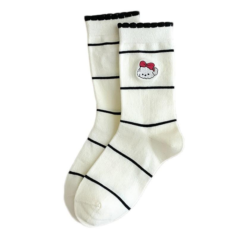 Socks Medium Tube Socks Season Cotton Embroidery Puppy Cute Cartoon Lace Bubble Mouth Striped Stacking Socks Women
