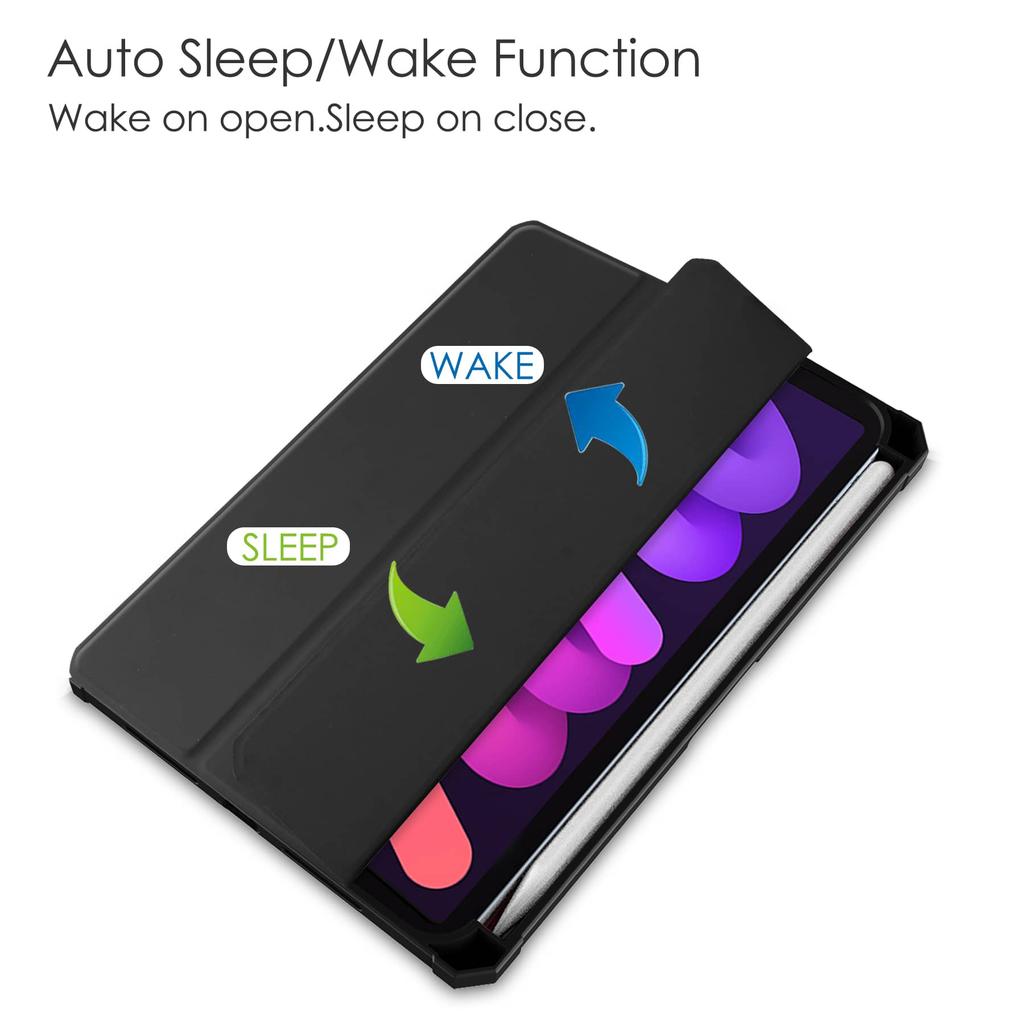 For iPad Mini 7 6 8.3'' with Pencil Holder-[Tri-fold Stand + Auto Wake/Sleep], High-grade Acrylic Case Transparent Back Cover