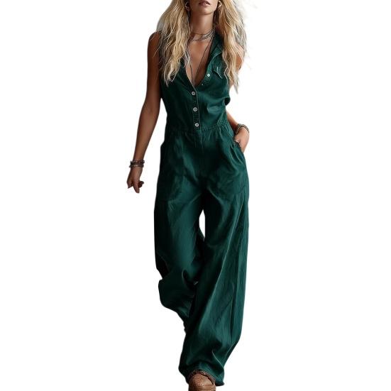 

Summer Women Jumpsuit V Neck Sleeveless Front Button Casual Loose Wide Leg Pants Ladies Long Romper Overall with Dual Pockets 2XL
