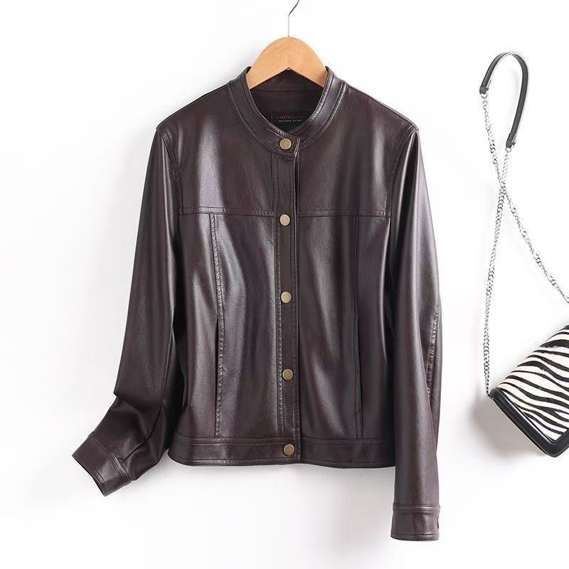 

Хайнин новая кожаная куртка женская мода весна и осень круглый вырез локомотив маленькая короткая кожаная куртка 4XL recommends 140-75kg темно-коричневого