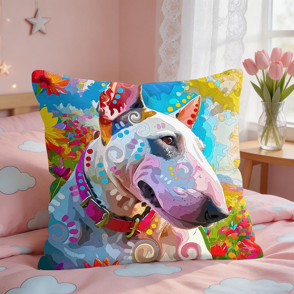 Cartoon Bull Terrier Series Cushion Cover Square Short Plush Pillow Case Living Room Sofa Home Decor Funda X