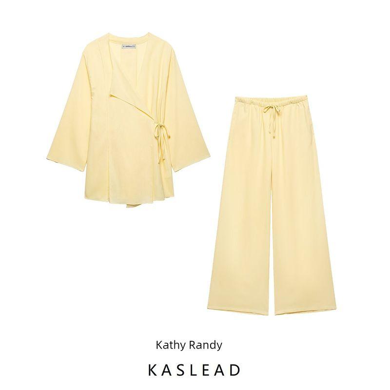 Kaslead New Arrival Women's Clothing Fashion Style Fashion Linen Kimono Tie-Front Top Casual Pants Suit