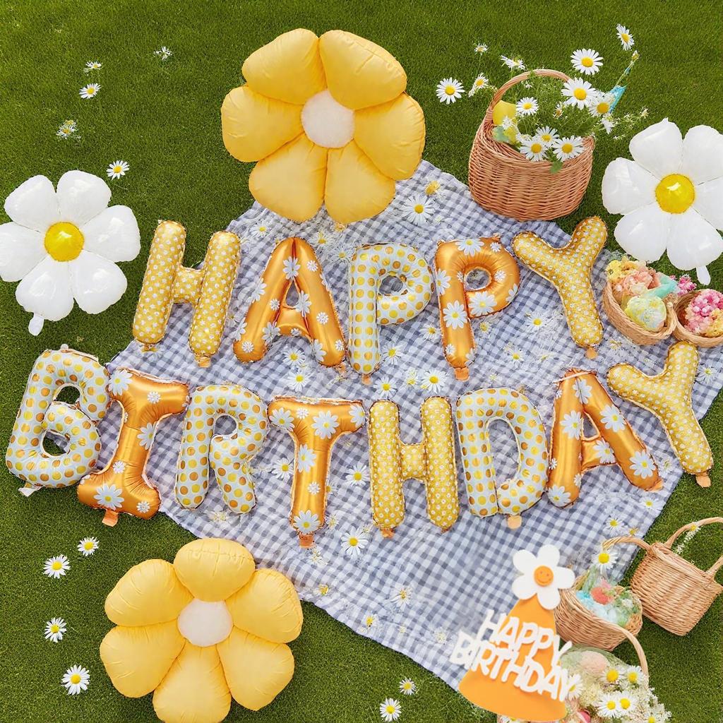 Daisy Flowers Happy Birthday Letter Balloon Flower Aluminum Foil Balloon with Birthday Hat Birthday Party Decoration Supplies
