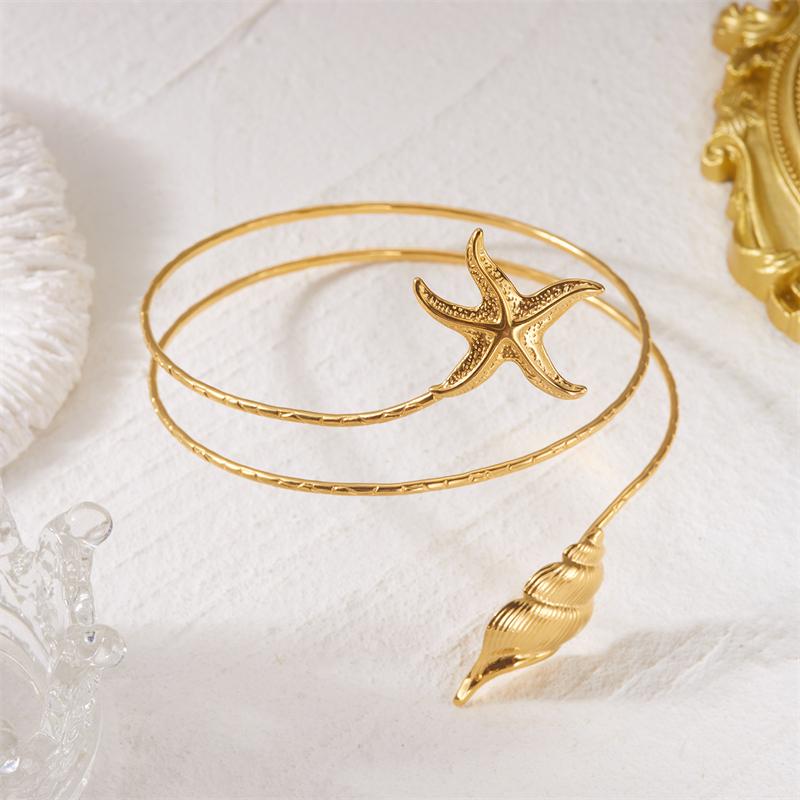 Boho Gold Color Starfish Shell Upper Arm Cuff Bracelet for Women Trendy Metal Conch Adjustable Open Bangle Beach Party Jewelry