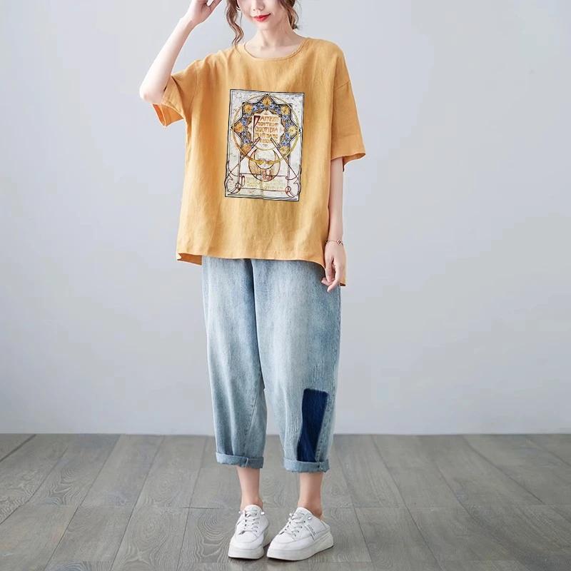 T-shirt Women Versatile Cotton Summer Casual Large Size Loose Round Neck Pullover Short-sleeved Tops